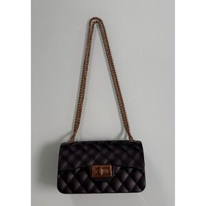 Small Quilted Crossbody Bag Black Faux Leather Gold Tone Chain Strap Turn Lock